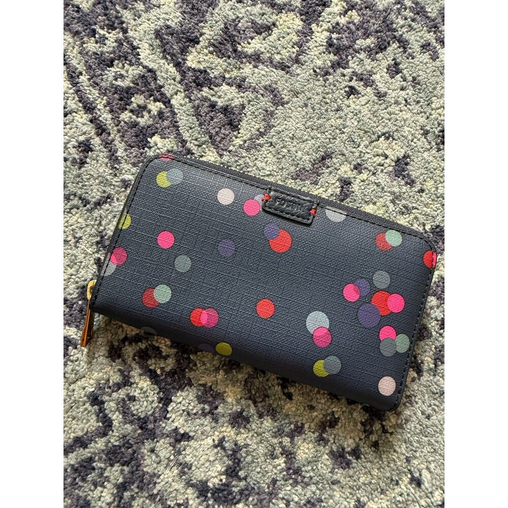 Blue Multicolor Polka Dot Leather Wallet Wristlet Casual Preppy - Picture 2 of 8